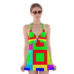 Colors Purple And Yellow Halter Swimsuit Dress