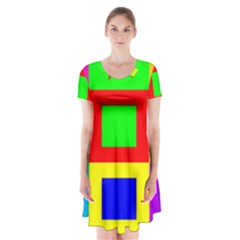 Colors Purple And Yellow Short Sleeve V-neck Flare Dress