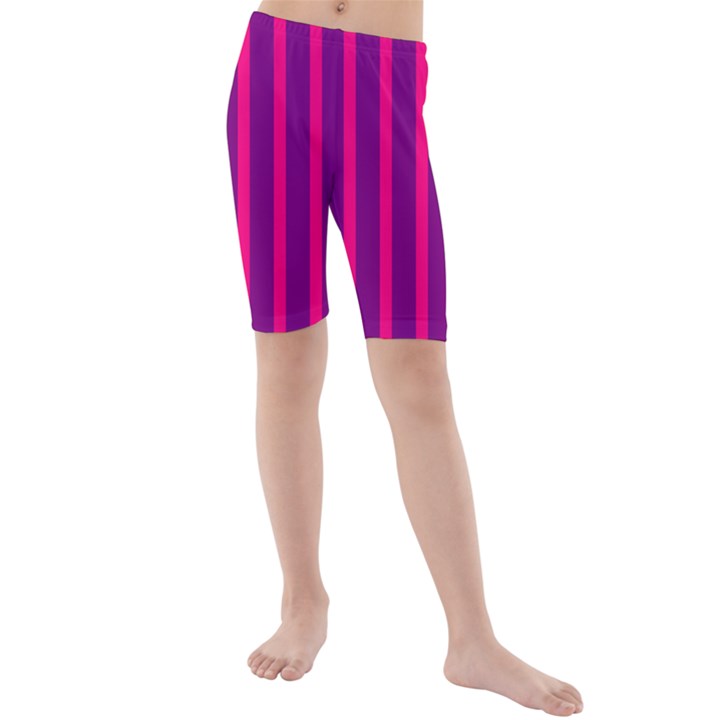 Deep Pink And Black Vertical Lines Kids  Mid Length Swim Shorts