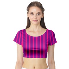 Deep Pink And Black Vertical Lines Short Sleeve Crop Top (tight Fit)