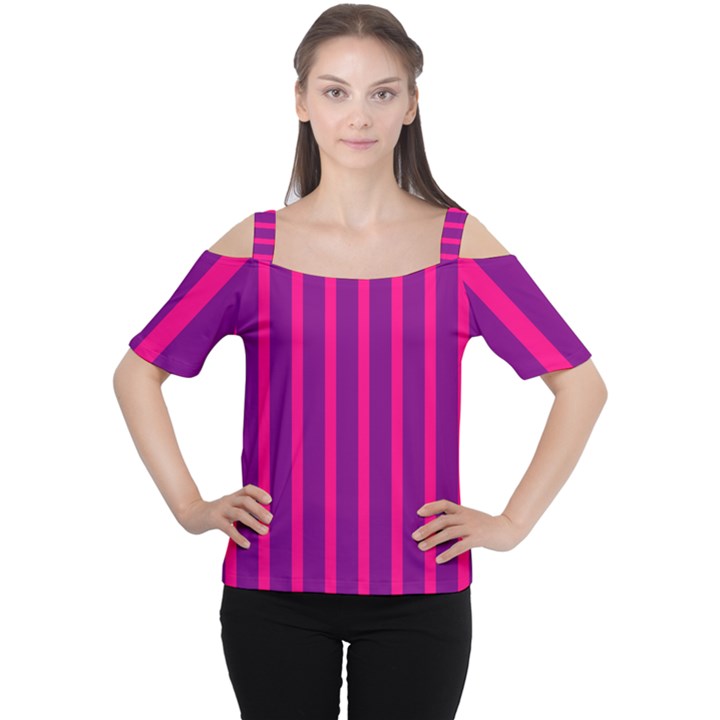 Deep Pink And Black Vertical Lines Women s Cutout Shoulder Tee