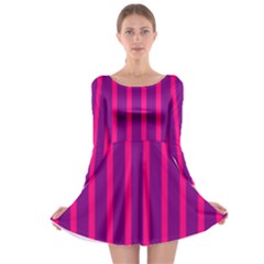 Deep Pink And Black Vertical Lines Long Sleeve Skater Dress