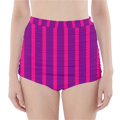 Deep Pink And Black Vertical Lines High-waisted Bikini Bottoms