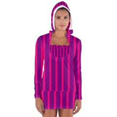 Deep Pink And Black Vertical Lines Women s Long Sleeve Hooded T-shirt