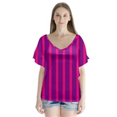 Deep Pink And Black Vertical Lines Flutter Sleeve Top