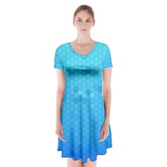 Blue Seamless Black Hexagon Pattern Short Sleeve V-neck Flare Dress