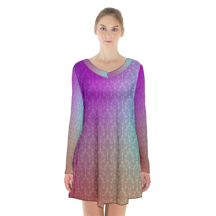 Blue And Pink Colors On A Pattern Long Sleeve Velvet V-neck Dress