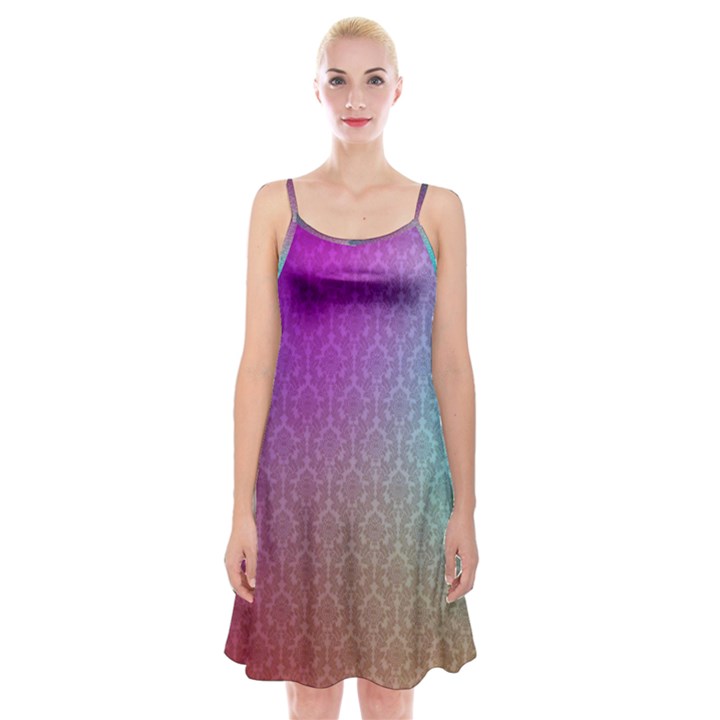 Blue And Pink Colors On A Pattern Spaghetti Strap Velvet Dress