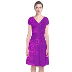 Floraly Swirlish Purple Color Short Sleeve Front Wrap Dress