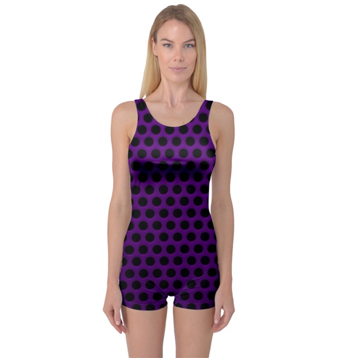 Dark Purple Metal Mesh With Round Holes Texture One Piece Boyleg Swimsuit