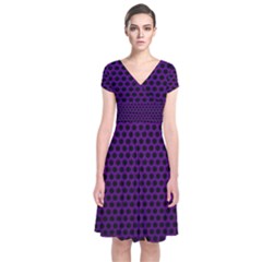 Dark Purple Metal Mesh With Round Holes Texture Short Sleeve Front Wrap Dress