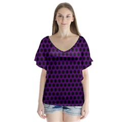 Dark Purple Metal Mesh With Round Holes Texture Flutter Sleeve Top