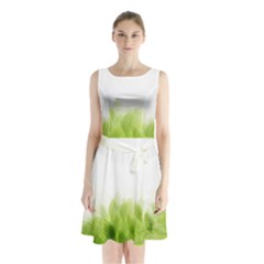 Green Leaves Pattern Sleeveless Chiffon Waist Tie Dress