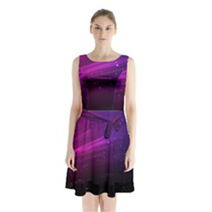 Purple Wallpaper Sleeveless Chiffon Waist Tie Dress