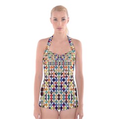 Retro Pattern Abstract Boyleg Halter Swimsuit 