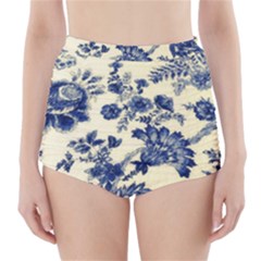 Vintage Blue Drawings On Fabric High-waisted Bikini Bottoms