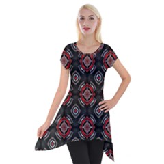 Abstract Black And Red Pattern Short Sleeve Side Drop Tunic