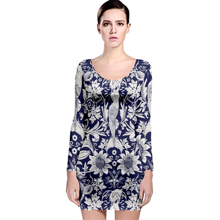 Deep blue flower Long Sleeve Bodycon Dress