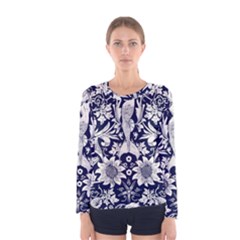 Deep blue flower Women s Long Sleeve Tee