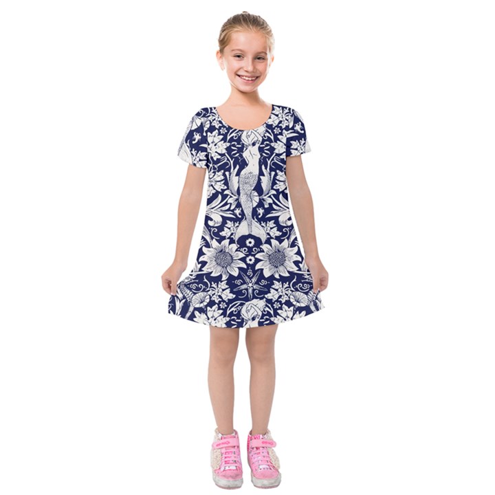 Deep blue flower Kids  Short Sleeve Velvet Dress