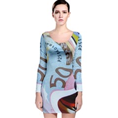 Abstract Currency Background Long Sleeve Velvet Bodycon Dress