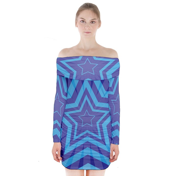 Abstract Starburst Blue Star Long Sleeve Off Shoulder Dress