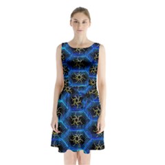 Blue Bee Hive Sleeveless Chiffon Waist Tie Dress