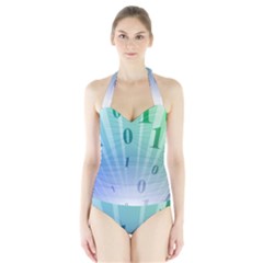 Blue Binary Background Binary World Binary Flow Hand Halter Swimsuit