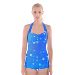 Blue Hot Pattern Blue Star Background Boyleg Halter Swimsuit 