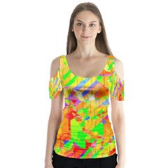 Cheerful Phantasmagoric Pattern Butterfly Sleeve Cutout Tee 