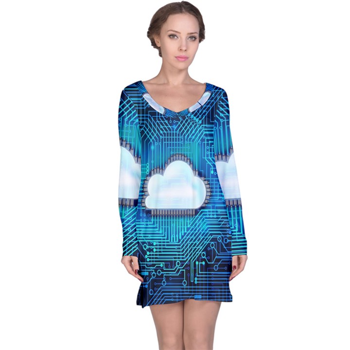 Circuit Computer Chip Cloud Security Long Sleeve Nightdress