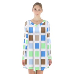 Colorful Green Background Tile Pattern Long Sleeve Velvet V-neck Dress