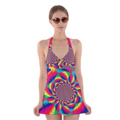 Colorful Psychedelic Art Background Halter Swimsuit Dress