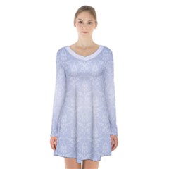 Damask Pattern Wallpaper Blue Long Sleeve Velvet V-neck Dress by Amaryn4rt