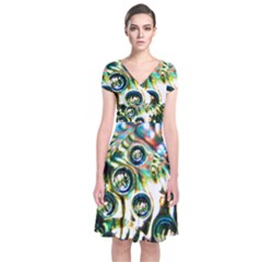 Dark Abstract Bubbles Short Sleeve Front Wrap Dress