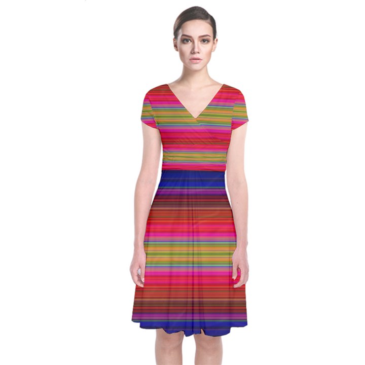 Fiesta Stripe Colorful Neon Background Short Sleeve Front Wrap Dress