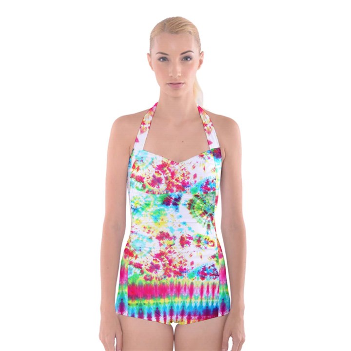 Pattern Decorated Schoolbus Tie Dye Boyleg Halter Swimsuit 