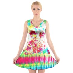 Pattern Decorated Schoolbus Tie Dye V-neck Sleeveless Skater Dress by Amaryn4rt