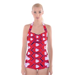 Red Bee Hive Boyleg Halter Swimsuit 