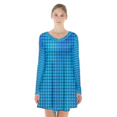 Seamless Blue Tiles Pattern Long Sleeve Velvet V-neck Dress