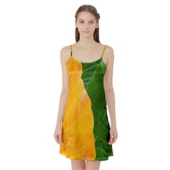 Wet Yellow And Green Leaves Abstract Pattern Satin Night Slip