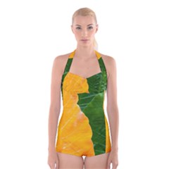 Wet Yellow And Green Leaves Abstract Pattern Boyleg Halter Swimsuit 