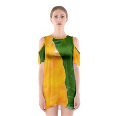 Wet Yellow And Green Leaves Abstract Pattern Shoulder Cutout One Piece