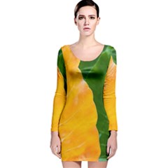 Wet Yellow And Green Leaves Abstract Pattern Long Sleeve Velvet Bodycon Dress by Amaryn4rt