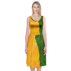 Wet Yellow And Green Leaves Abstract Pattern Midi Sleeveless Dress