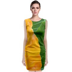 Wet Yellow And Green Leaves Abstract Pattern Sleeveless Velvet Midi Dress