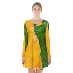 Wet Yellow And Green Leaves Abstract Pattern Long Sleeve Velvet V-neck Dress by Amaryn4rt