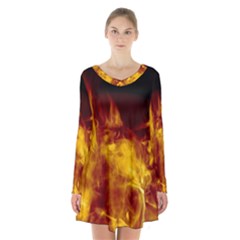 Ablaze Abstract Afire Aflame Blaze Long Sleeve Velvet V-neck Dress