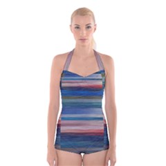 Background Horizontal Lines Boyleg Halter Swimsuit 