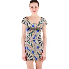 Ceramic Portugal Tiles Wall Short Sleeve Bodycon Dress